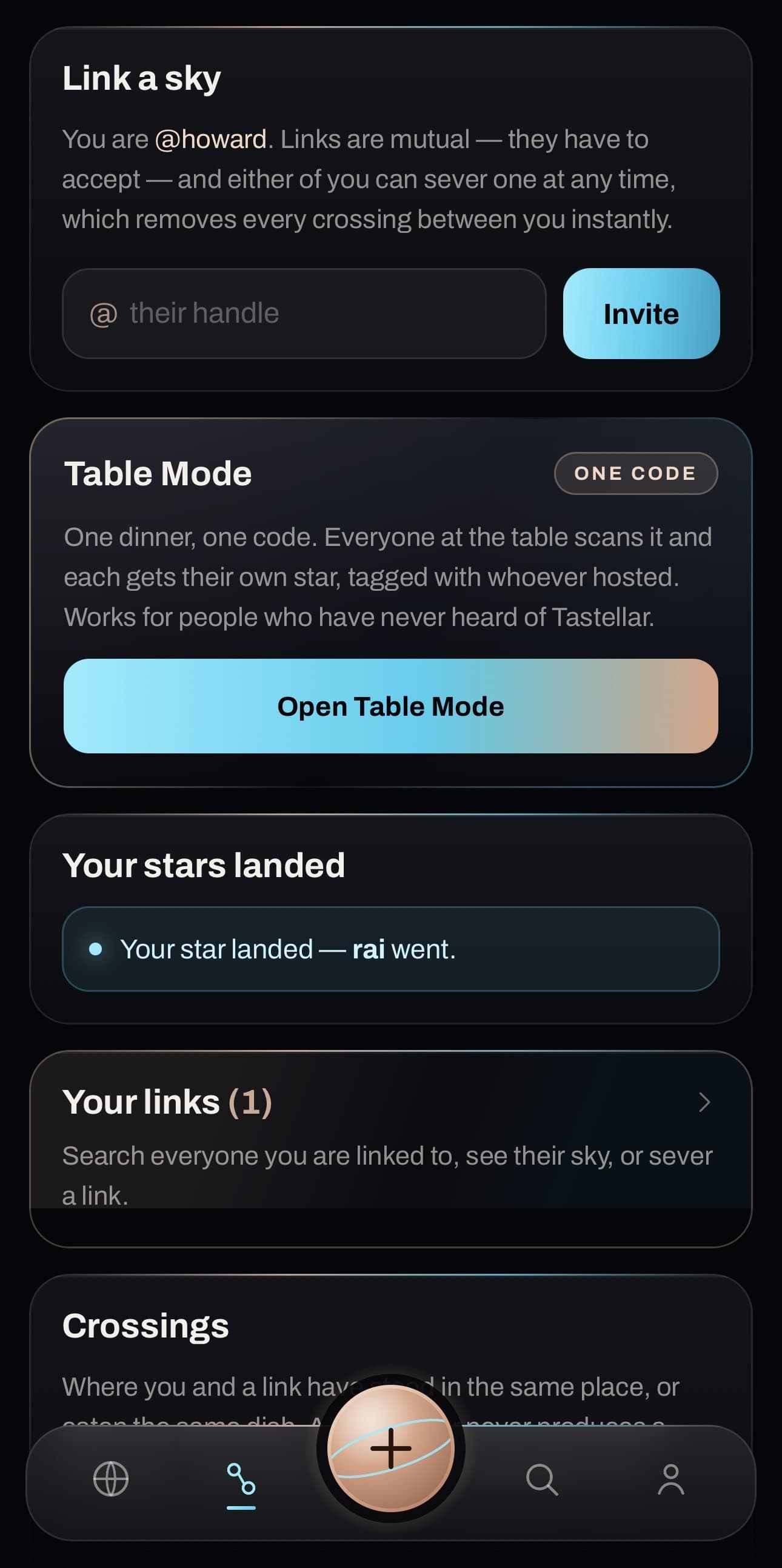 Tastellar links screen: an invite by handle, Table Mode's one-code sharing for a whole dinner, and the crossings a link produces
