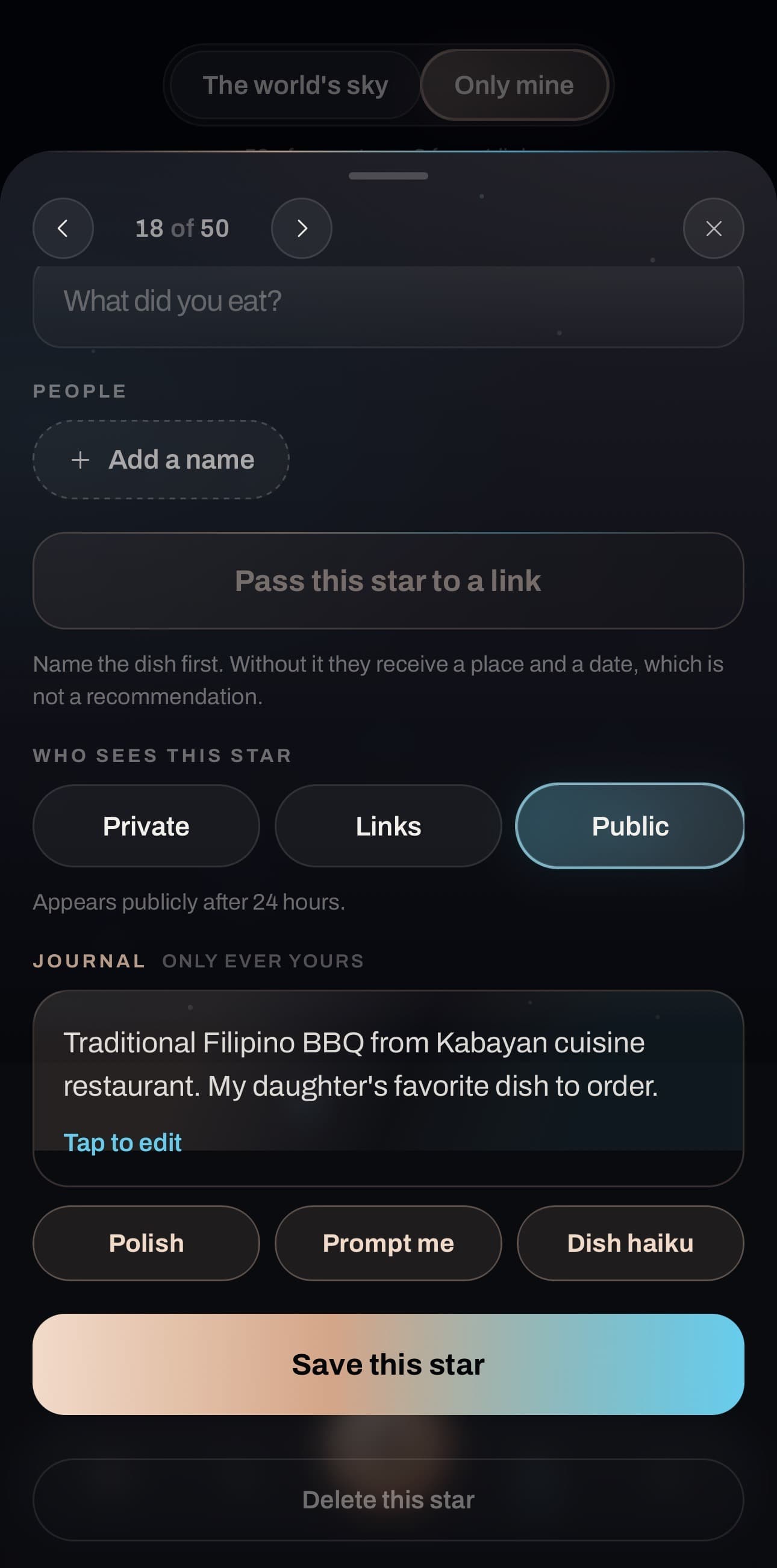Tastellar star editor: a Private, Links and Public visibility control, a note that public stars appear only after 24 hours, and a journal field labelled ONLY EVER YOURS
