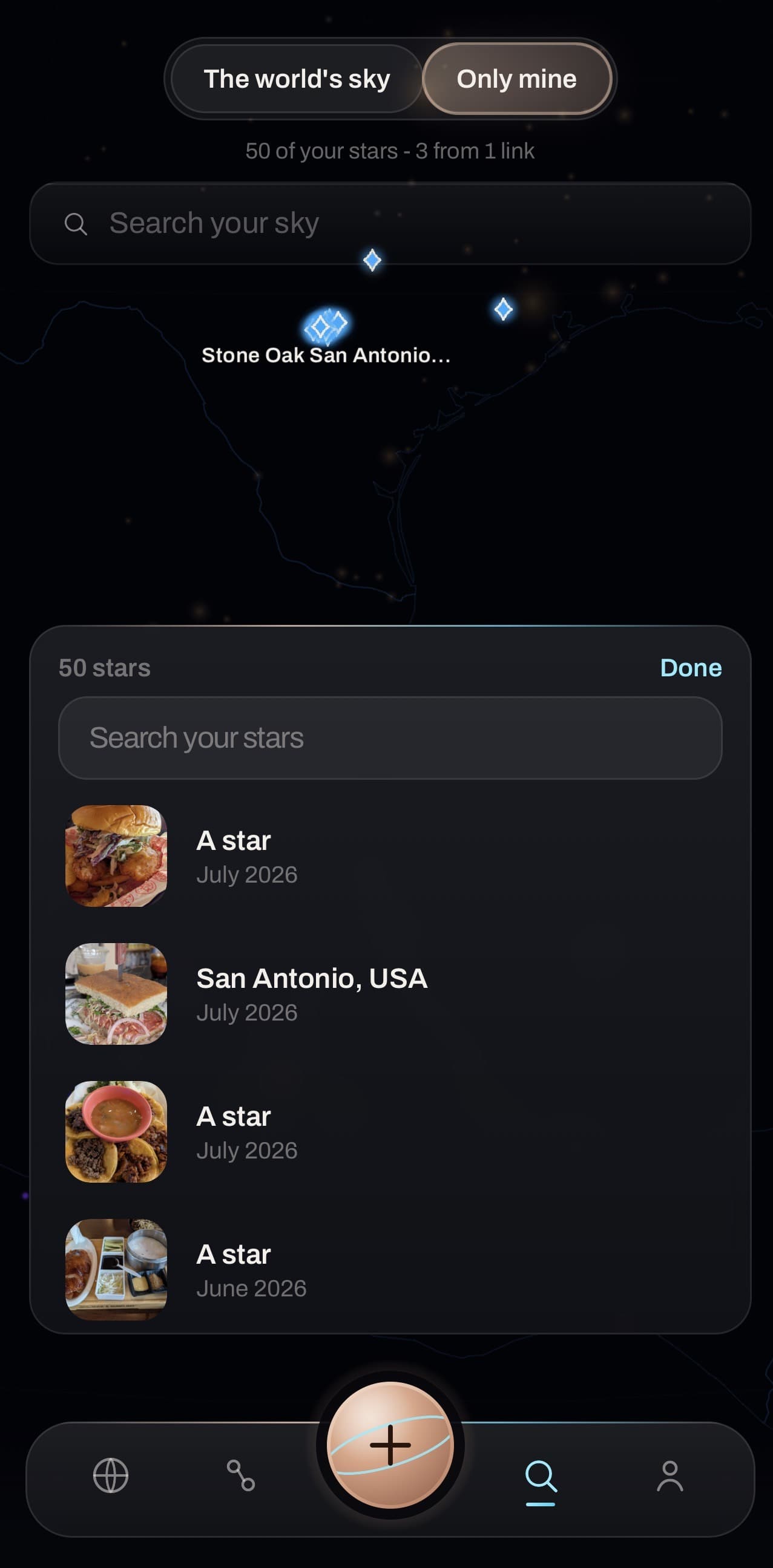 Tastellar search screen: the sky filtered to Only mine over a map of saved stars in Texas, with a searchable list of fifty dishes below