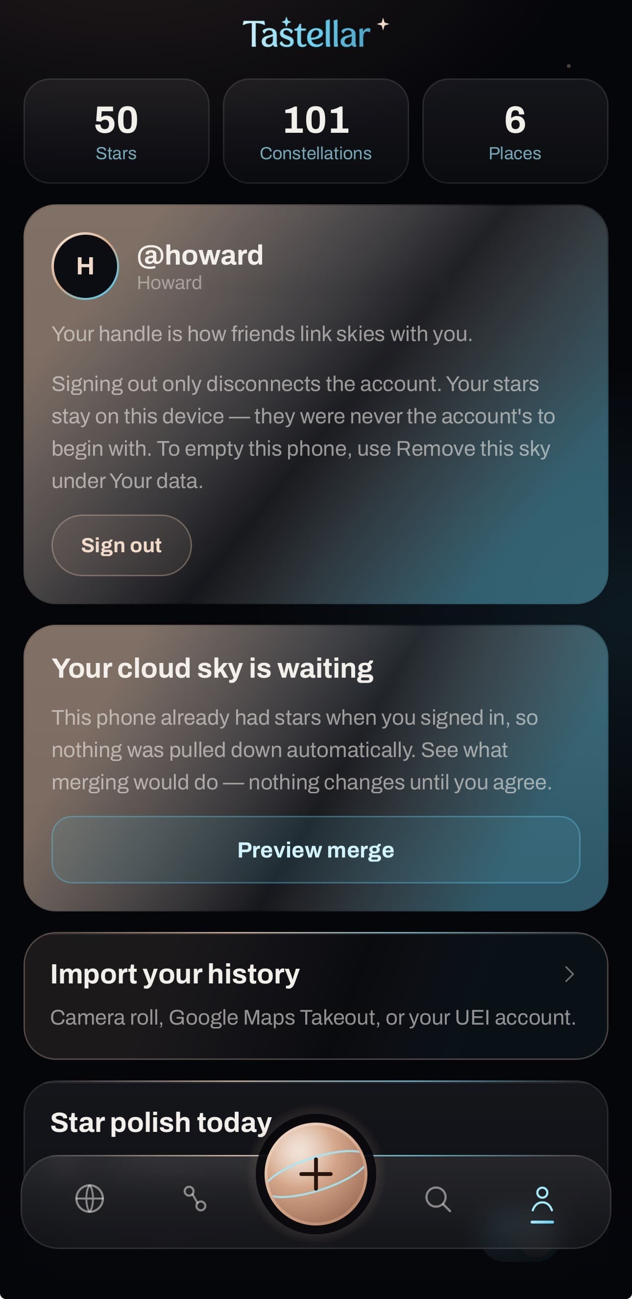 Tastellar account screen: one handle, a running count of stars, constellations and places, and options to import a camera roll or Maps history